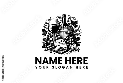 A black and white vector illustration of a wine logo with a bottle, glass, and foliage, set against a clean white background for customization.