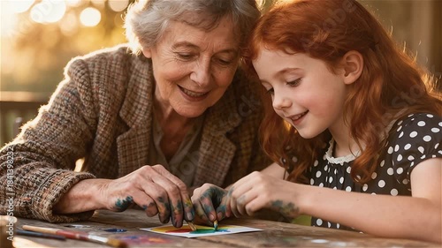 Abuela y su nieta pelirroja haciendo manualidades en una mesa de madera rústica