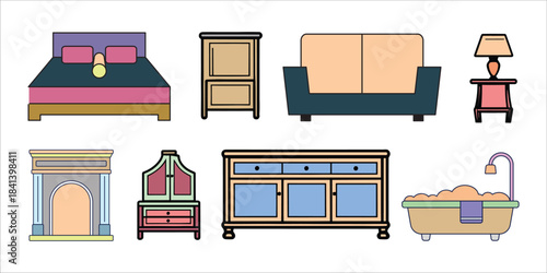 Furniture flat line icons set.  Line icons about furniture on transparent background with editable stroke. 
