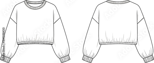 Cropped sweatshirt technical fashion flat, front and back CAD template, balloon sleeve pullover vector sketch, apparel design illustration, sewing pattern reference