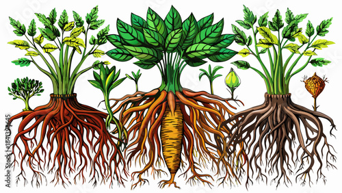 Very beautiful detailed root system illustrations isolated on white background, offering organic shapes ideal for botanical diagrams, educational graphics, nature-themed compositions, soil studies, an