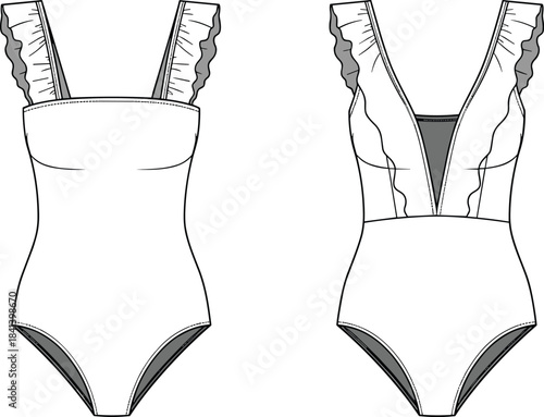 Ruffle strap swimsuit technical fashion flat, front and back CAD template, one-piece swimwear vector sketch, apparel design illustration, sewing pattern reference