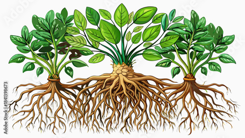 Very beautiful detailed root system illustrations isolated on white background, offering organic shapes ideal for botanical diagrams, educational graphics, nature-themed compositions, soil studies, 