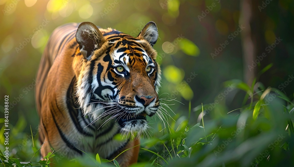 Obraz premium A beautiful striped sumatra tiger is a powerful wild feline predator in the jungle or zoo