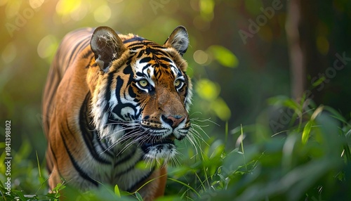 A beautiful striped sumatra tiger is a powerful wild feline predator in the jungle or zoo
