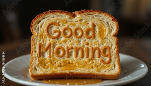 Good Morning concept. Slice of toast with Good Morning carved into it with honey. 