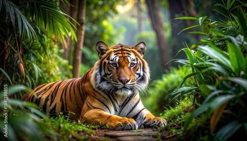 A beautiful striped sumatra tiger is a powerful wild feline predator in the jungle or zoo