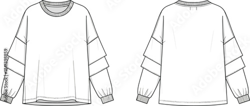 Tiered sleeve sweatshirt technical fashion flat, front and back CAD template, ruffle sleeve pullover vector sketch, apparel design illustration, sewing pattern reference
