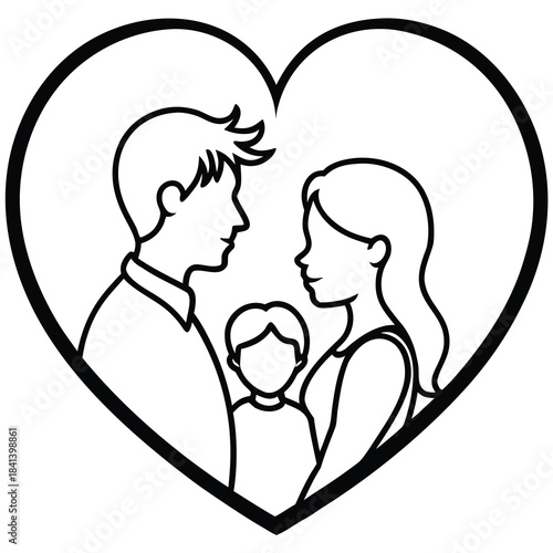 Loving family silhouette inside a heart outline