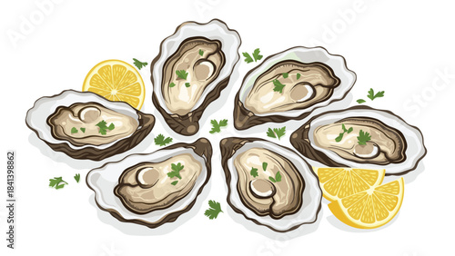 Delicious oysters on the half shell with lemon and parsley on