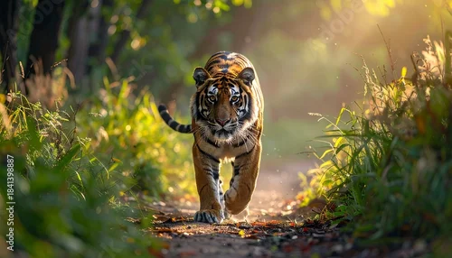 Obraz A beautiful striped sumatra tiger is a powerful wild feline predator in the jungle or zoo