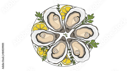 Delicious oysters arranged with lemons and herbs on a plate for a seafood dish