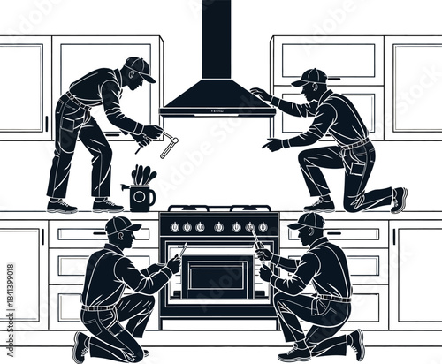 Appliance, repair, silhouette, kitchen, stove, oven, technician, tool, maintenance, inspection, vector, black, pose, setup, service, equipment, test, fix