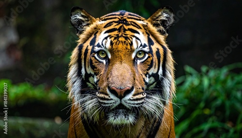 A beautiful striped sumatra tiger is a powerful wild feline predator in the jungle or zoo
