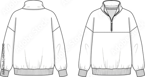 Half zip pullover technical fashion flat, front and back CAD template, sweatshirt vector sketch, apparel design illustration, sewing pattern reference