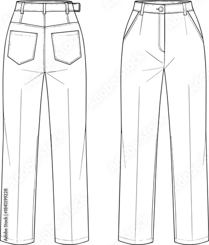 High-waist trousers technical fashion flat, front and back CAD template, tailored pants vector sketch, apparel design illustration, sewing pattern reference