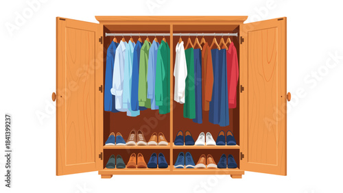 Open wooden wardrobe with hanging clothes and shoes inside