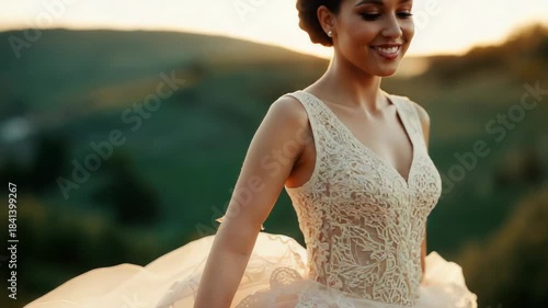 Turning model posing wearing ornate bodice spinning tulle skirt at sunlit hillside, catching flare