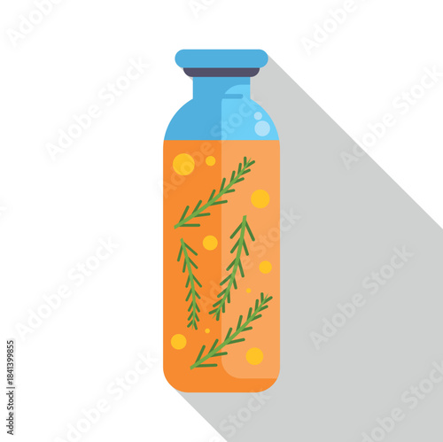 Refreshing herbal infusion drink in a clear bottle, featuring sprigs and citrus slices, presented in a modern flat design