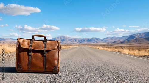 Vintage Leather Suitcase on Desert Road Blue Sky Mountains.