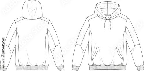 Hoodie technical fashion flat, front and back CAD template, sweatshirt vector sketch, apparel design illustration, kangaroo pocket style sewing pattern reference