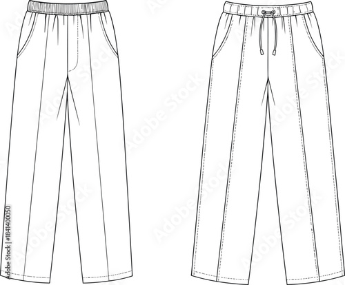 Wide-leg pants technical fashion flat, front and back CAD template, relaxed trousers vector sketch, apparel design illustration, sewing pattern reference
