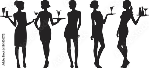 Five elegant female silhouettes in dresses holding trays with drinks on white background women fashion
