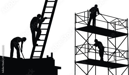 Construction Workers Silhouetted Against White Background Working on Scaffolding and Ladder vector illustration