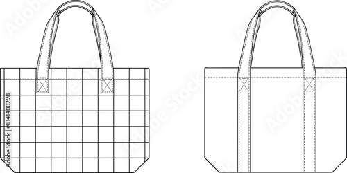 Tote bag technical fashion flat, front and back CAD template, grid pattern bag vector sketch, accessory design illustration, sewing pattern reference