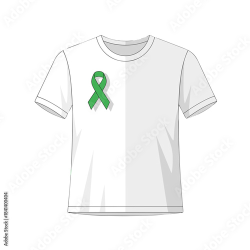 White T-shirt with green awareness ribbon symbolizing mental health support, organ donation advocacy and environmental causes, minimal flat vector illustration