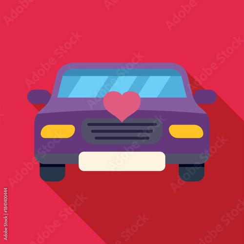 Purple car with a pink heart icon representing love and romance on a red background