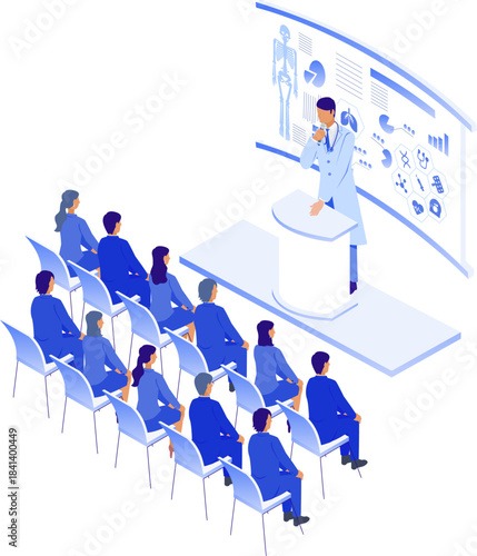 医療DXの講義を行う医師と受講者のアイソメイラスト