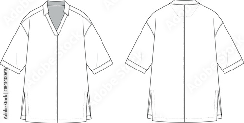 Oversized tunic shirt technical fashion flat, front and back CAD template, garment vector illustration, apparel design sketch, sewing pattern reference