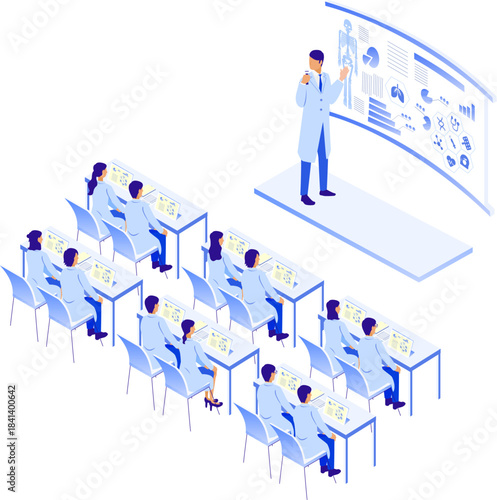 医療研修を受ける医師たちのアイソメイラスト