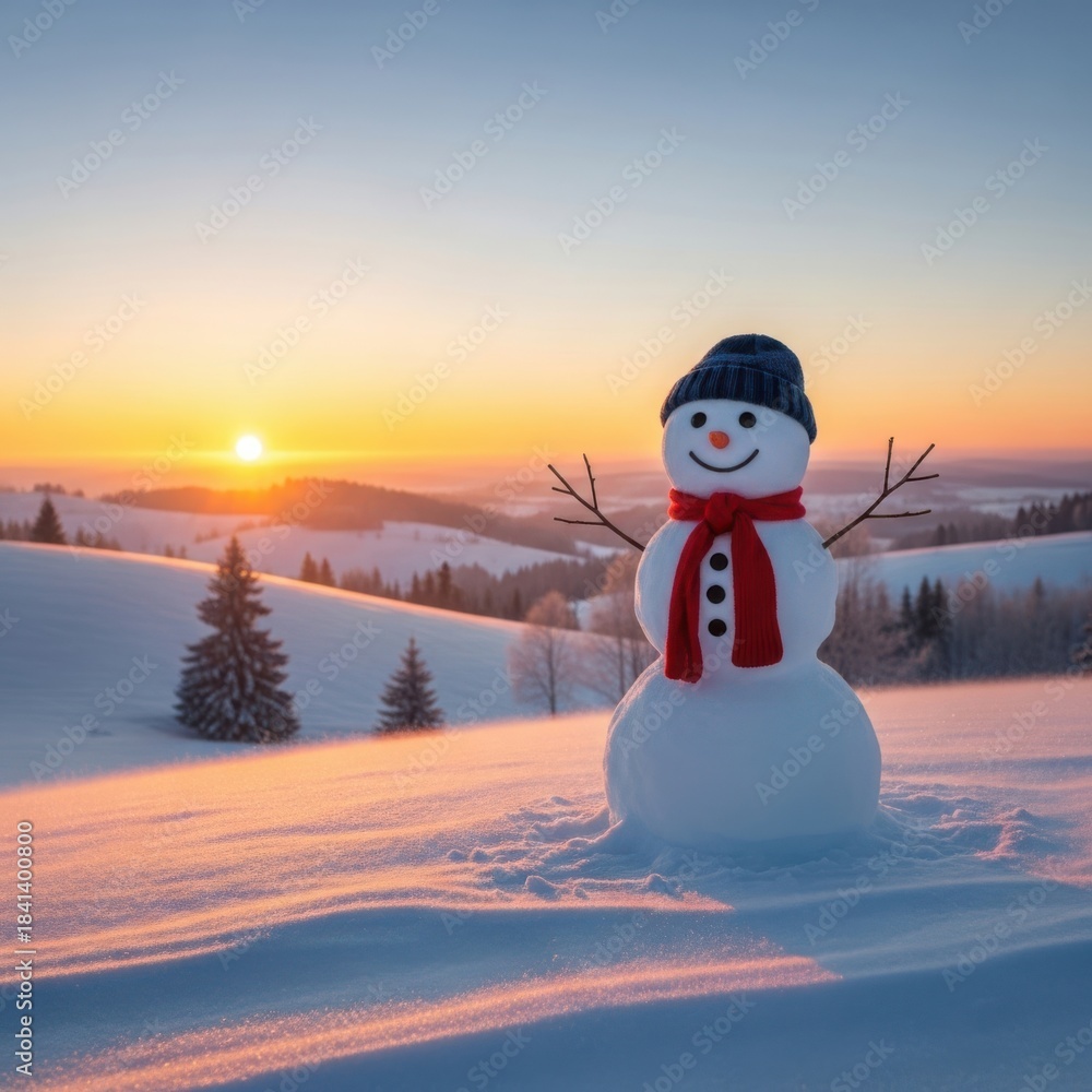 Fototapeta premium Joyful snowman greets a beautiful winter sunrise over snowy hills