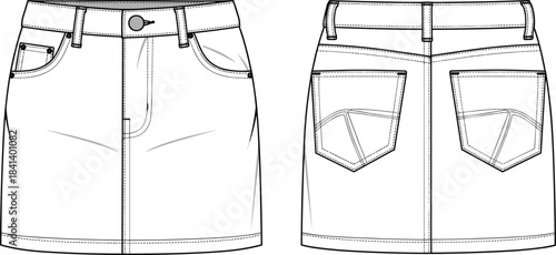 Denim skirt technical fashion flat, front and back CAD template, garment sketch, apparel design vector, sewing pattern reference illustration