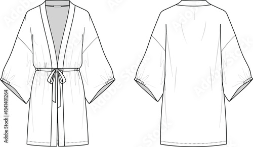 Kimono robe CAD template, technical flat sketch with tie belt, wide sleeves and relaxed silhouette, garment design vector illustration for fashion use