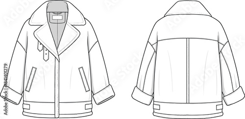 Oversized shearling jacket CAD template, technical flat sketch with wide collar, cuffs and pockets, outerwear garment design vector illustration for fashion use