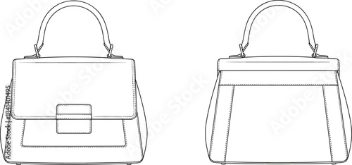 Structured handbag CAD template, technical flat sketch with top handle, front flap and stitched details, bag design vector illustration for fashion use