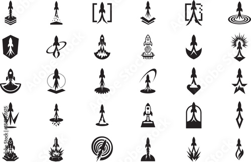 Bold silhouette startup rocket launch icon set designed for clean branding and fast downloads.