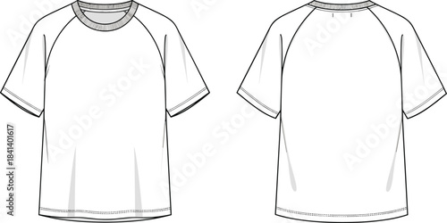 Raglan sleeve T-shirt CAD template, technical flat sketch with ribbed neckline and relaxed fit, garment design vector illustration for fashion use