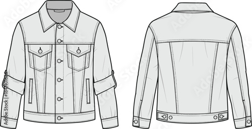 Denim jacket CAD template, technical flat sketch with chest pockets, sleeve tabs and seam details, garment design vector illustration for fashion use