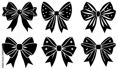 Six Black and White Bow Ties with Various Patterns on Transparent Background polka dots stripes