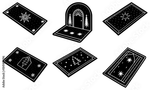 Christmas-themed window clings with stars trees and door on white background