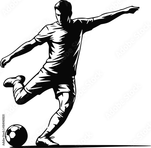 soccer player motion kick ball sport icon black and white vector