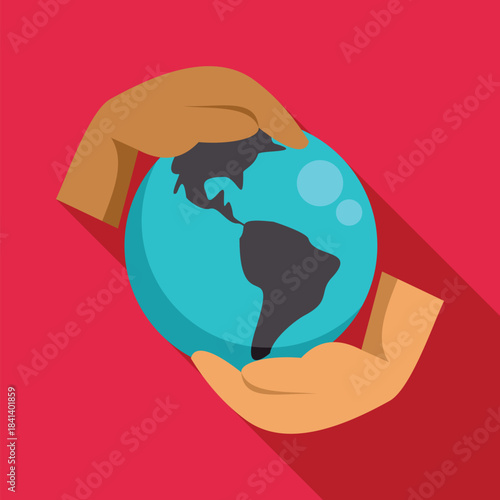 Hands supporting a turquoise globe with continents on a red background