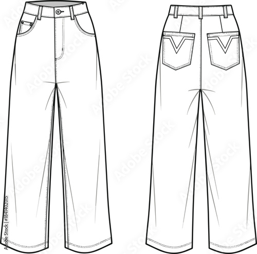 Wide-leg jeans CAD template, technical flat sketch with pockets, belt loops and back yoke, denim garment design vector illustration for fashion use
