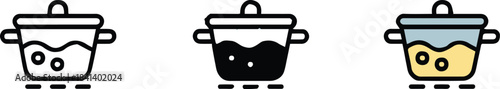 pot set of three pot icons boiling steam lid bubble simple vector
