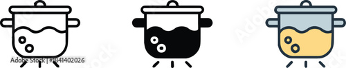 pot kitchen cookware boiling liquid steam bubbles flat vector icon