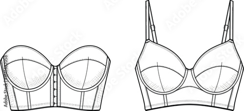 Bustier and bra CAD template, technical flat sketch with structured cups, boning seams and straps, lingerie garment design vector illustration for fashion